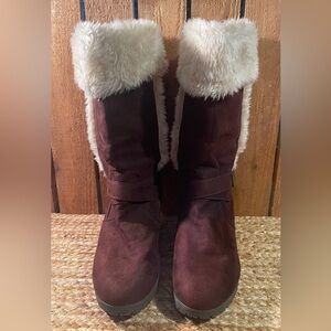 American Eagle Outfitters Mid Calf Faux Suede and Fur Wedge Heel Boots Sz 9-1/2